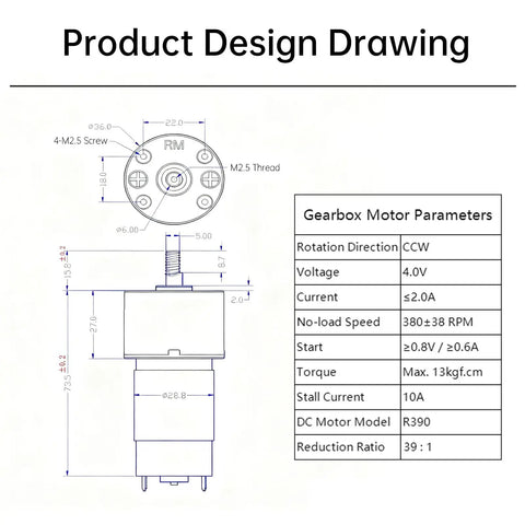 Technical drawing of 4V D-Shaft Beefy Torque DC Motor For Cleaning Shower Brushes 380RPM Brush Drive Gear Motor With CW CCW Rotation Low Noise