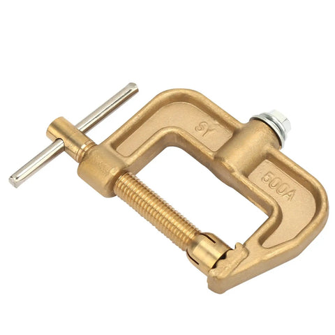 Top Notch 500A Brass Ground Welding Earth Clamp With Heavy Duty G Shape Design, showcasing a close-up of the brass clamp's screw mechanism.