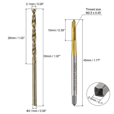 Pro Shop Metric Tap And Drill Kit M2.5 Spiral Point Titanium Taps Paired With 2.1mm Cobalt Twist Bits for precise metal threading.