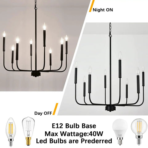 8 Light Black Farmhouse Chandelier Ceiling Light Fixture For Dining Room Modern Industrial Rustic Candle Hanging Lighting For Living Room Kitchen Island Hallway Foyer Dope Look with day and night settings shown