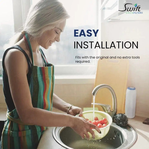 Woman rinsing cherry tomatoes in a bowl, showcasing easy installation of the Straight Up Clean Commercial Water Filter.
