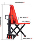 Heavy Duty Semi Electric Pallet Jack With Scissor Lift And 3300 Lbs Capacity For Easy Warehouse Moves Plus Charger Included side view showing dimensions and features.