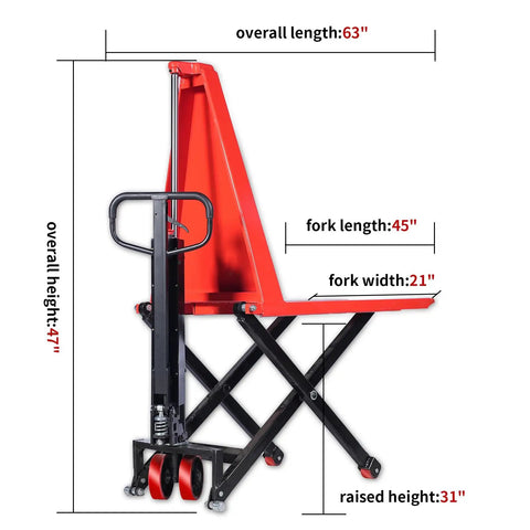 Heavy Duty Semi Electric Pallet Jack With Scissor Lift And 3300 Lbs Capacity For Easy Warehouse Moves Plus Charger Included side view showing dimensions and features.