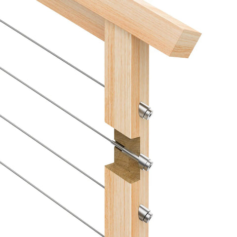 20 Pack Three Eighths Inch ID Angle Washers For Cable Railing Stair Ends installed on wood post railing with cables
