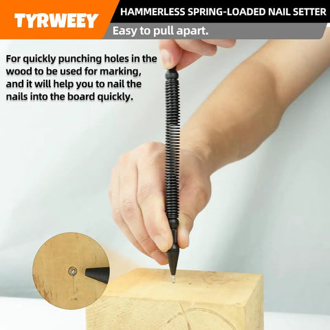 Hammerless Spring-Loaded Nail Setter from Five-Piece Nail Setter And Center Punch Kit With Dual Head Nail Sets in use