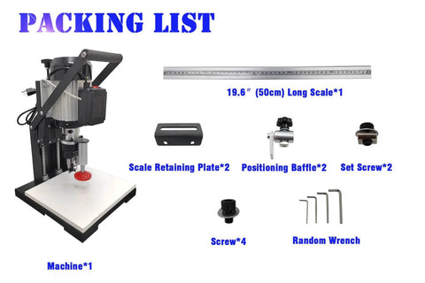 Front view of BEILOCKERY 110V hinge drilling machine with 19.6-inch scale and accessories.