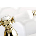 Cold handle detail of 4 Inch Centerset Bathroom Faucet In Polished Brass With Drip Free Ceramic Disc Cartridge Deck Mount 3 Hole Install
