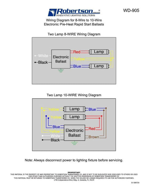 Wiring diagram for Electronic Fluorescent Ballast For 1 Or 2 T8 Lamps 25W-32W And T12 Lamps 25W-40W, 120V, showing connections.