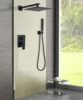 Matte Black 12 Inch Shower System With Rainfall Head And Handheld, Wall Mounted Luxury Shower Faucet Kit installed in bathroom