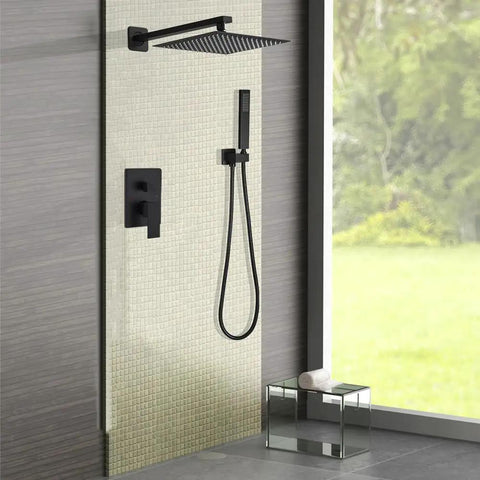 Matte Black 12 Inch Shower System With Rainfall Head And Handheld, Wall Mounted Luxury Shower Faucet Kit installed in bathroom