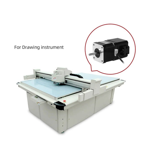 Front view of a CNC router with XY gantry; inset shows a black Nema 23 4-lead stepper motor.