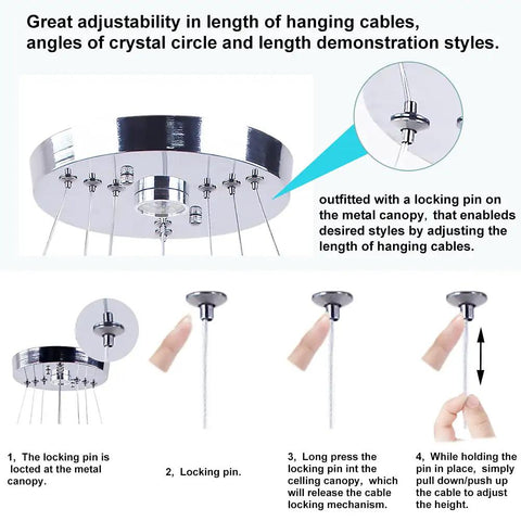 Adjustable metal canopy of Modern LED Crystal Chandelier With 3 Ring Pendant Lights Adjustable Stainless Steel Ceiling Fixture