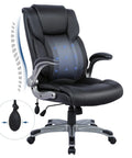 Comfy High Back Executive Office Chair With Inflatable Lumbar Support Padded Leather Ergonomic Comfort For Home Office Flip Up Arms Adjustable Tilt Lock And Smooth Swivel Black