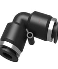 Close-up of black elbow fitting from 3/8 In Push To Connect Air Line Fittings Set 10 Pack For Air Hose Quick Connect Pneumatic Fittings