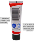 Back view of 1.76 oz tube, Food Grade Silicone Lubricant For O Rings And Gaskets That Keeps Faucets Plumbing Pool Spa And Valves Running Smooth NSF H1 Certified 50 G O Ring Grease For Automotive Marine Drinking Water Systems showing label and certification details.