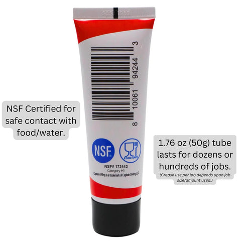 Back view of 1.76 oz tube, Food Grade Silicone Lubricant For O Rings And Gaskets That Keeps Faucets Plumbing Pool Spa And Valves Running Smooth NSF H1 Certified 50 G O Ring Grease For Automotive Marine Drinking Water Systems showing label and certification details.