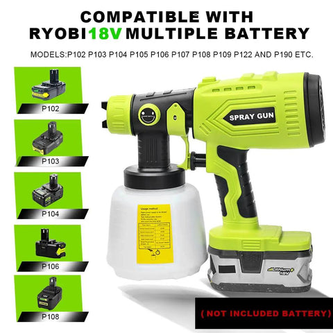 HVLP Paint Sprayer With Brushless Motor and Precise Flow Control, compatible with Ryobi 18V batteries, lightweight ergonomics.