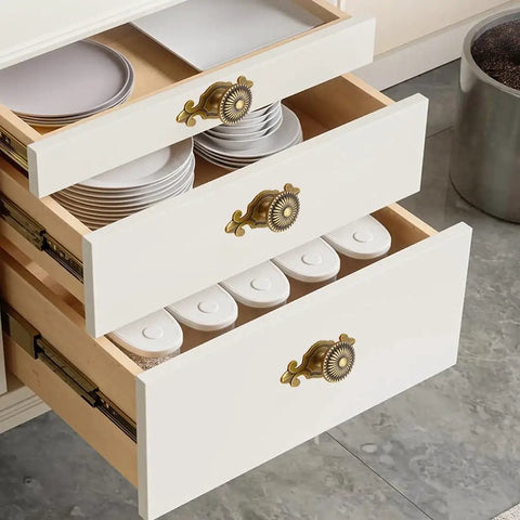 Antique Brass Mushroom Cabinet Knobs With Backplates, Vintage Drawer Pulls on white kitchen drawers, Gold Finish, Easy Install