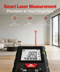 Solid Workhorse Laser Distance Meter With Zero Sweat Measurements Up To Three Twenty Eight Feet And Hella Accurate Plus Two Mm Precision For Quick DIY remodels warehouse audits and big job sites showing laser beam and display.