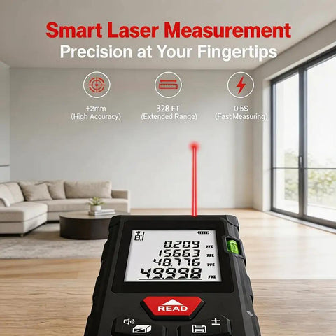 Solid Workhorse Laser Distance Meter With Zero Sweat Measurements Up To Three Twenty Eight Feet And Hella Accurate Plus Two Mm Precision For Quick DIY remodels warehouse audits and big job sites showing laser beam and display.