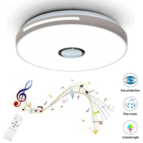 LED Ceiling Light With Bluetooth Speaker And RGB Color Changing Glow, 24W, 15.7 Inch Remote Control with musical symbols and remote