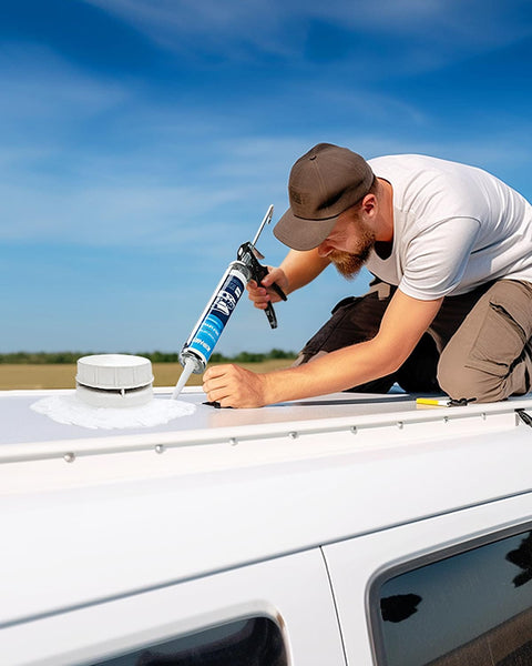 Man applying RV Roof Sealant Kit 4 Pack Self Leveling Lap Sealant In White Easy Leak Fix for Travel Trailers And Motorhomes on RV roof.