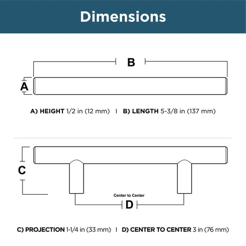 Champagne Bronze Cabinet Handles 3 Inch Hole Center Modern Pulls schematic with measurements and dimensions details.