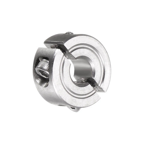 Two Piece Clamp On Shaft Collar For One Quarter Inch Shaft, Eleven Sixteenth Inch Outside Diameter, Five Sixteenth Inch Width, 304 Stainless Steel Axle Collar Clamp, Set Screw Style, Holds Tight, Durable Anti Corrosion Positioner Stop Spacer, side view
