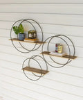 Set Of Three Recycled Wood Shelves With Round Frames Brown Natural Finish And Gunmetal Accents For A Rustic Modern Look Ideal For Living Room Bedroom Or Kitchen Display And Space Saving Wall Mounted Storage With Eco Craftsmanship And Durable Build