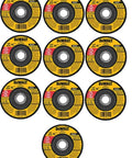 Front view of ten Dewalt metal grinding wheels with yellow labels, 4-1/2 in x 1/4 in x 7/8 in, 10-pack