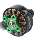 Close-up of 2306.5 Brushless Drone Motor 2300KV showing green mount and copper windings, NSK bearing visible, for FPV quadcopter and RC airplane.