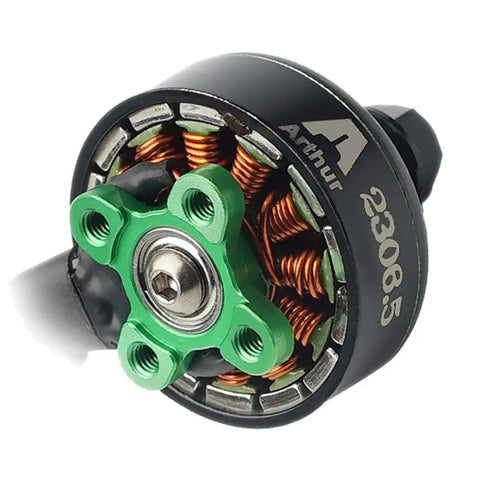 Close-up of 2306.5 Brushless Drone Motor 2300KV showing green mount and copper windings, NSK bearing visible, for FPV quadcopter and RC airplane.