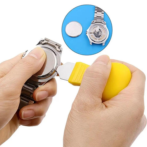 All In One Hand Tool Watch Repair Kit For Precision Back Cover Opening And Lifting shown opening a watch back with ergonomic grip