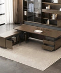 Level Up Your Daily Grind With This Elite Adjustable Standing Computer Desk Premium Executive Boss Table For Home Office Workstation. Stylish brown desk with drawers, a spacious surface for an ergonomic setup.