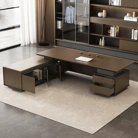 Level Up Your Daily Grind With This Elite Adjustable Standing Computer Desk Premium Executive Boss Table For Home Office Workstation. Stylish brown desk with drawers, a spacious surface for an ergonomic setup.