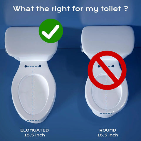 Illustration comparing elongated (18.5 inch) and round (16.5 inch) toilet bowls for No Fuss Non Electric Elongated Bidet Toilet Seat.
