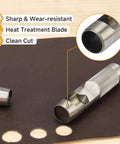 Close-up of a steel punch from a 12 Piece Hollow Hole Punch Set For Leathercraft And DIY Projects with knurled grip, showing sharpness and wear resistance.