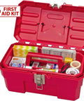 Open Heavy Duty 14-Inch Plastic Toolbox With Removable Tray, Steel Latch And Padlock Eye, Portable Tool Box For Tools, Crafts, First Aid And Hobby Gear, Made In USA, Red filled with first aid supplies