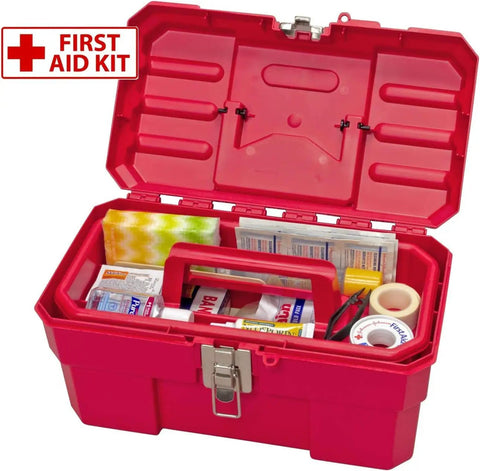 Open Heavy Duty 14-Inch Plastic Toolbox With Removable Tray, Steel Latch And Padlock Eye, Portable Tool Box For Tools, Crafts, First Aid And Hobby Gear, Made In USA, Red filled with first aid supplies