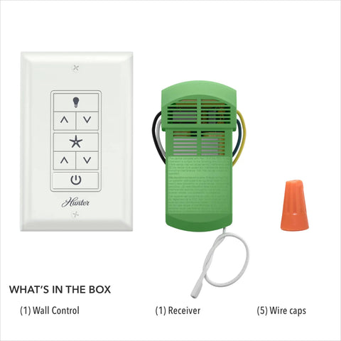 Package contents of Universal Ceiling Fan Wall Control Switch With Receiver For Speed And Light, No Fuss In Wall Dimmer