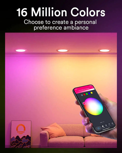 Room with Smart 4 Inch Canless LED Recessed Light Kit, 9W 780 Lumen Color Changing Downlight, controlled by smartphone app.