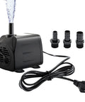 Quiet 25W Submersible Fountain Pump With 400 GPH Flow For Pond And Aquarium Filtration, pump with fittings and power cord.