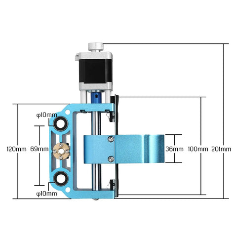 Beefed Up Aluminum Z Axis Assembly for 3018 ProVer CNC With 43mm and 52mm Spindle Mounts, 775 Spindle Ready, 300 To 500W Motor Support, Exchangeable Mounts for 65mm and 69mm Options, Plug And Play Retrofit, blue aluminum CNC Z axis with dimensions