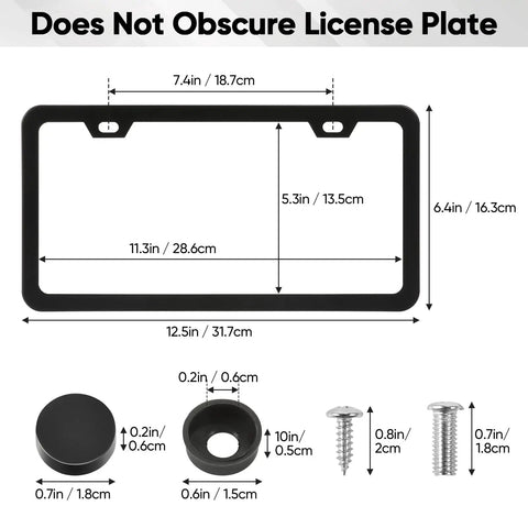 Two Pack Matte Black Aluminum License Plate Frames With Two Holes Narrow Design That Keeps Your Plate Fully Visible with screws