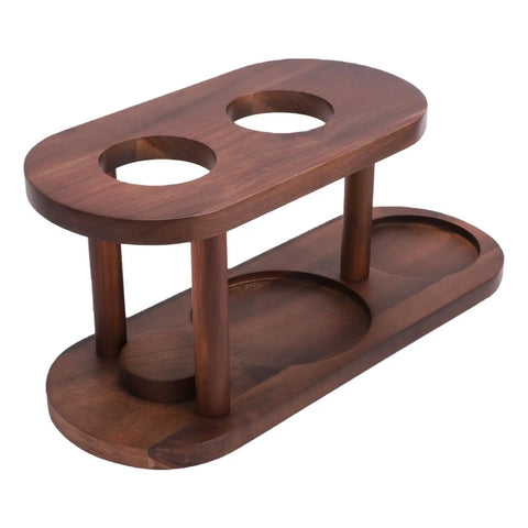 Designer Wooden Pour Over Coffee Station With Solid Wood Dripper Stand And Espresso Machine Drip Tray Filter Holder, two openings for filters.