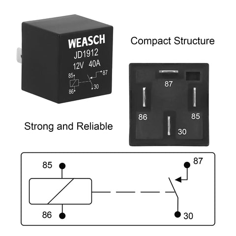 40A relay for 12V 4 Way Fuse Relay Box With Four Relays And Four ATC And ATO Fuses, showing pin configuration and circuit diagram.