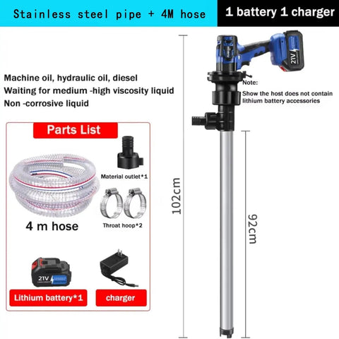 High-Flow Electric Oil Barrel Pump With Adjustable Speed For Diesel And Kerosene Transfer. Durable Aluminum Drum Pump Featuring Long Tube. Great For Hydraulic Oil, Fuel, And Other Non Corrosive Liquid Piping. Easy To Use Design.