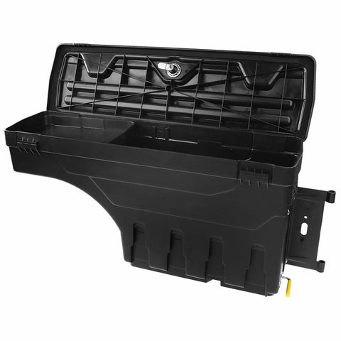 Ultimate Top Tier Heavy Duty Rear Toolbox Rack For Ford Ranger 2019 To 2021 Matte Black storage crate with open lid showing compartments.