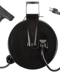 Rear view of Heavy Duty 30 Foot Retractable Cord Reel With 3 Grounded Outlets 13 Amp Rating LED Status Light Metal Construction Polarized Plug Mountable On Wall Or Ceiling Built Tough For Garage And Shop Use, showing cord and plug.