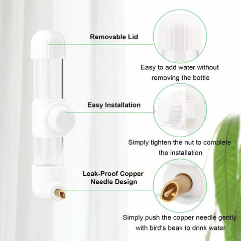 Gotta Have Cage Mounted Bird Water Bottle With Zero Drip Copper Needle Valve, featuring removable lid and leak-proof design.